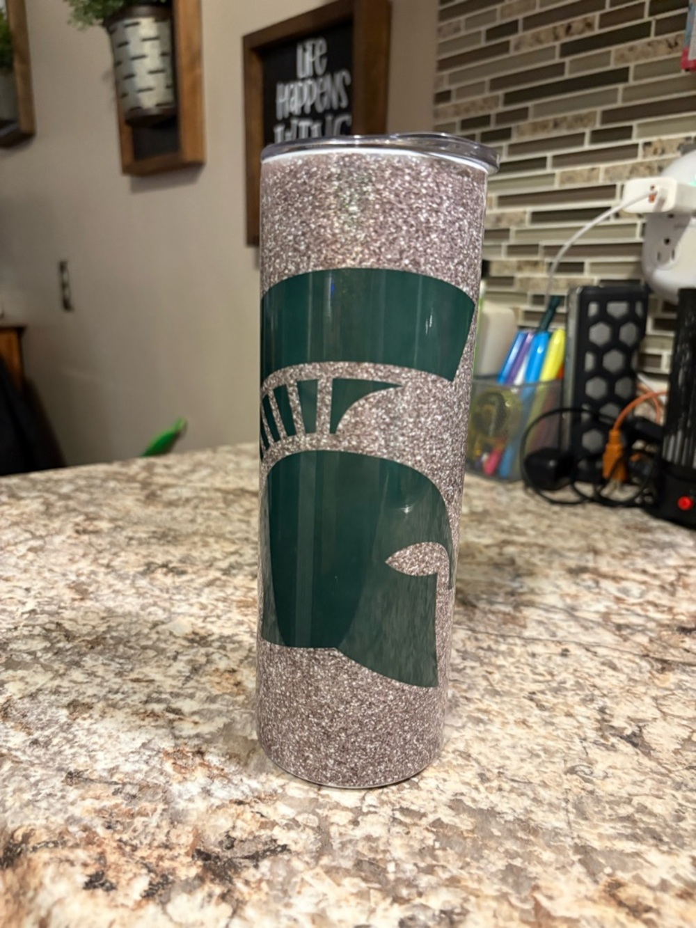 Glitter Stainless Tumbler with Dark Green Spartan Logo